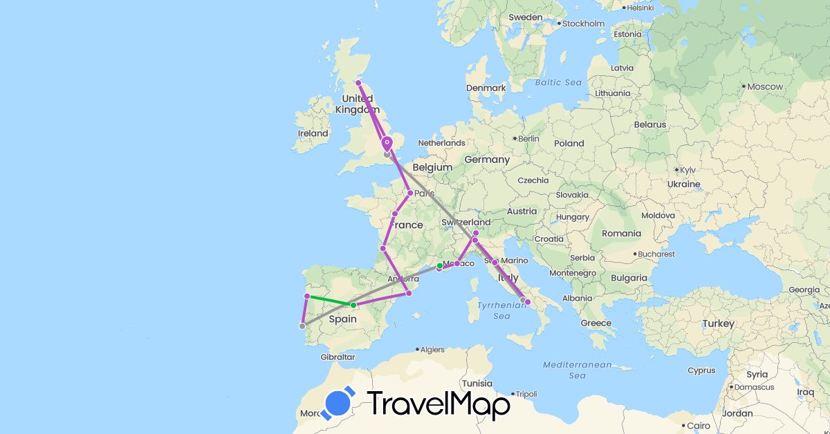 TravelMap itinerary: driving, bus, plane, train in Spain, France, United Kingdom, Italy, Portugal (Europe)
