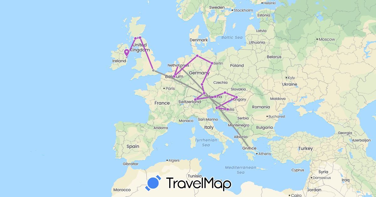 TravelMap itinerary: driving, plane, train in Austria, Belgium, Germany, United Kingdom, Greece, Croatia, Hungary, Ireland, Liechtenstein, Netherlands, Slovenia (Europe)